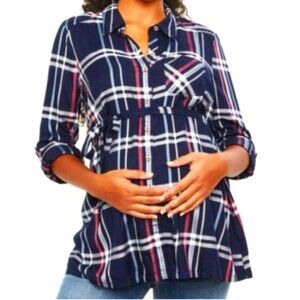 Motherhood Maternity Navy Plaid Button Down Flannel Tunic, S NWT